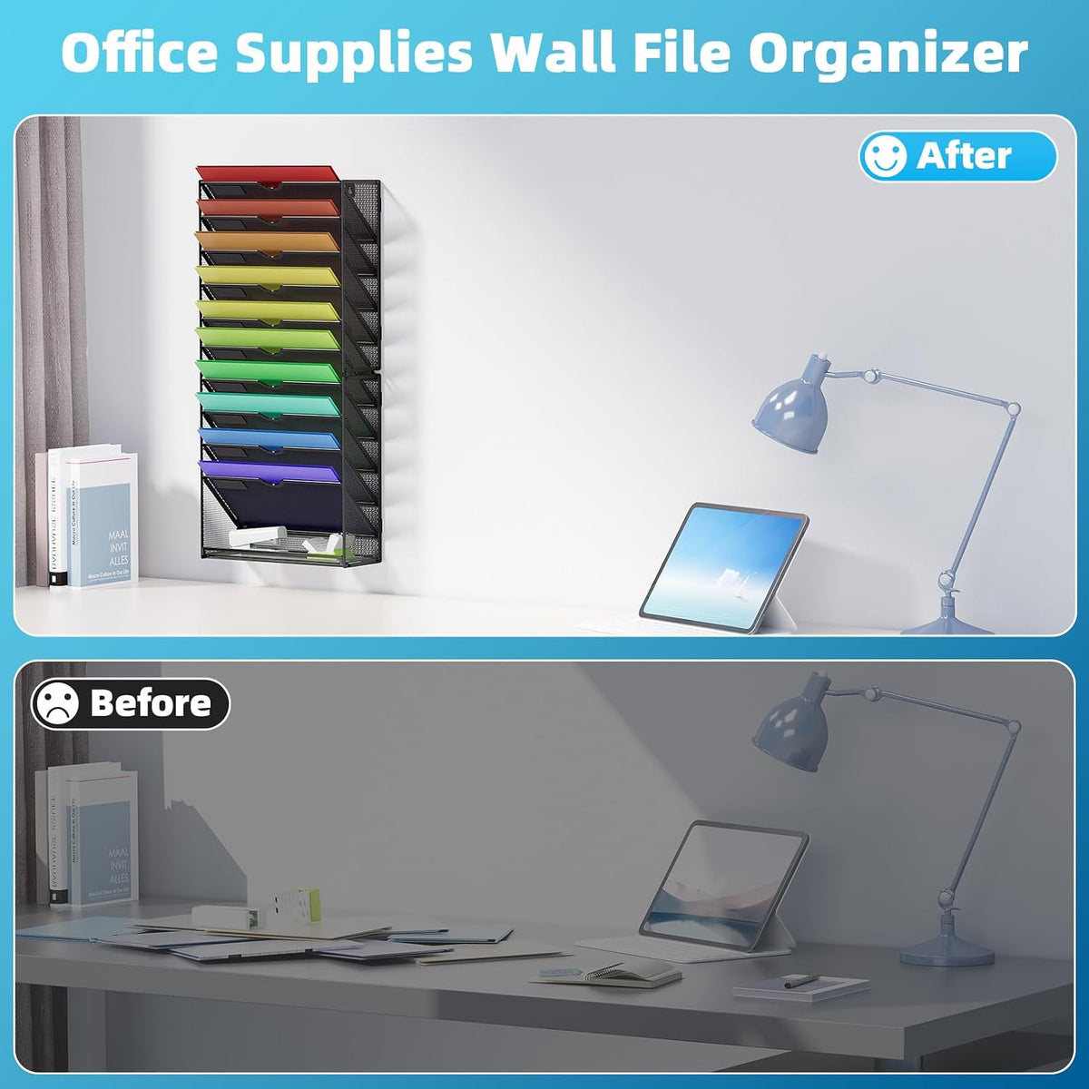 Wall File Holder 2-Tier Hanging Wall File Organizer, Mesh Mail Holder for Papers, Wall Mount File Clipboard & Magazine Organizer Great for Office Home (Black)