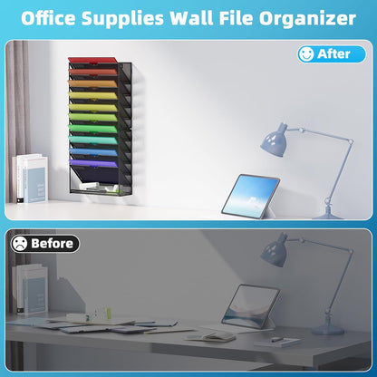 Wall File Holder 2-Tier Hanging Wall File Organizer, Mesh Mail Holder for Papers, Wall Mount File Clipboard & Magazine Organizer Great for Office Home (Black)