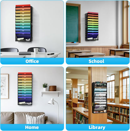 Wall File Holder 2-Tier Hanging Wall File Organizer, Mesh Mail Holder for Papers, Wall Mount File Clipboard & Magazine Organizer Great for Office Home (Black)