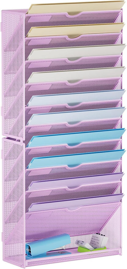 Wall File Holder 2-Tier Hanging Wall File Organizer, Mesh Mail Holder for Papers, Wall Mount File Clipboard & Magazine Organizer Great for Office Home (Black)