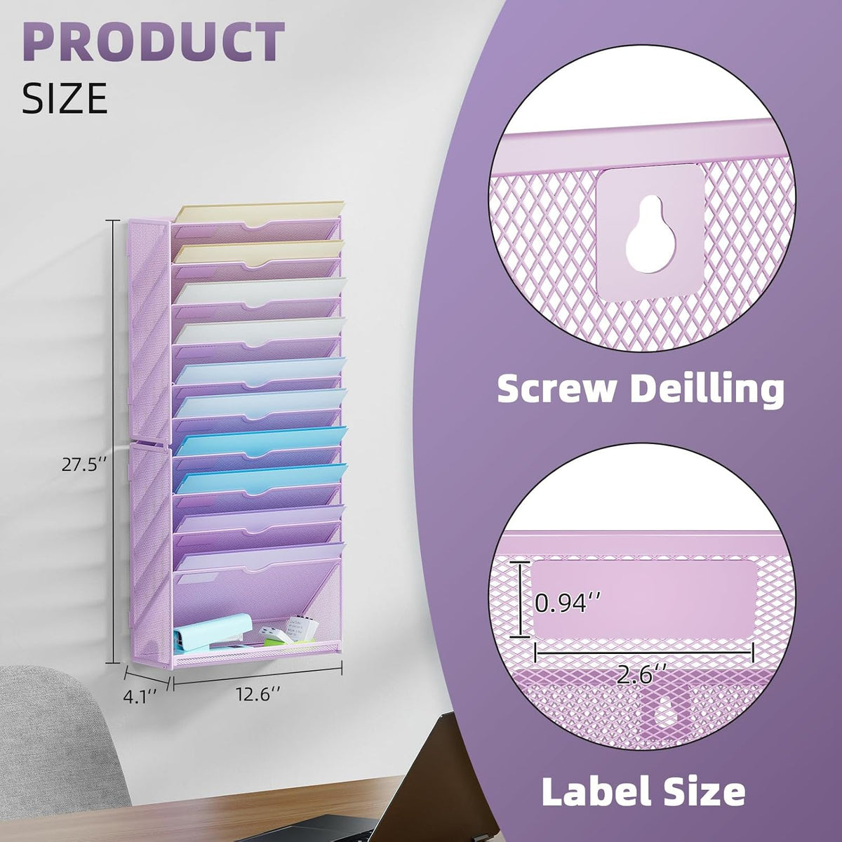 Wall File Holder 2-Tier Hanging Wall File Organizer, Mesh Mail Holder for Papers, Wall Mount File Clipboard & Magazine Organizer Great for Office Home (Black)