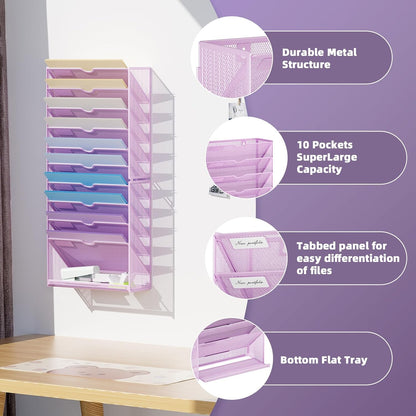 Wall File Holder 2-Tier Hanging Wall File Organizer, Mesh Mail Holder for Papers, Wall Mount File Clipboard & Magazine Organizer Great for Office Home (Black)