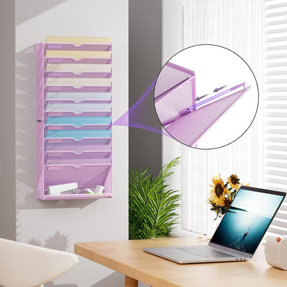 Wall File Holder 2-Tier Hanging Wall File Organizer, Mesh Mail Holder for Papers, Wall Mount File Clipboard & Magazine Organizer Great for Office Home (Black)