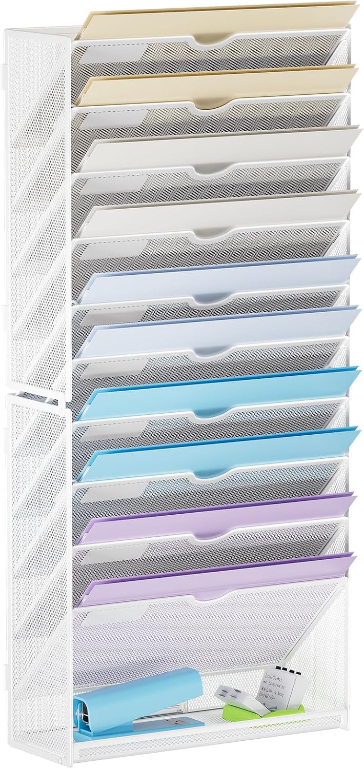 Wall File Holder 2-Tier Hanging Wall File Organizer, Mesh Mail Holder for Papers, Wall Mount File Clipboard & Magazine Organizer Great for Office Home (Black)
