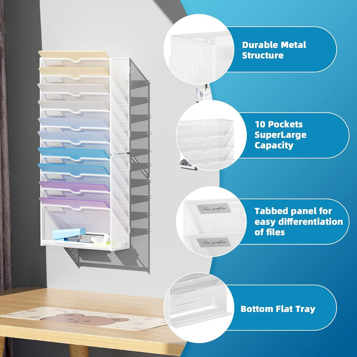 Wall File Holder 2-Tier Hanging Wall File Organizer, Mesh Mail Holder for Papers, Wall Mount File Clipboard & Magazine Organizer Great for Office Home (Black)