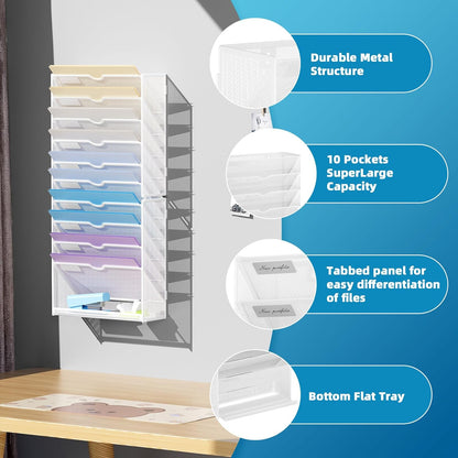 Wall File Holder 2-Tier Hanging Wall File Organizer, Mesh Mail Holder for Papers, Wall Mount File Clipboard & Magazine Organizer Great for Office Home (Black)