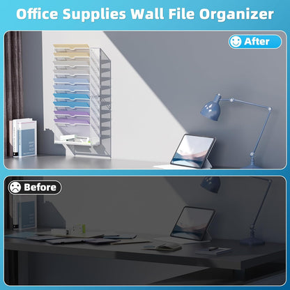 Wall File Holder 2-Tier Hanging Wall File Organizer, Mesh Mail Holder for Papers, Wall Mount File Clipboard & Magazine Organizer Great for Office Home (Black)