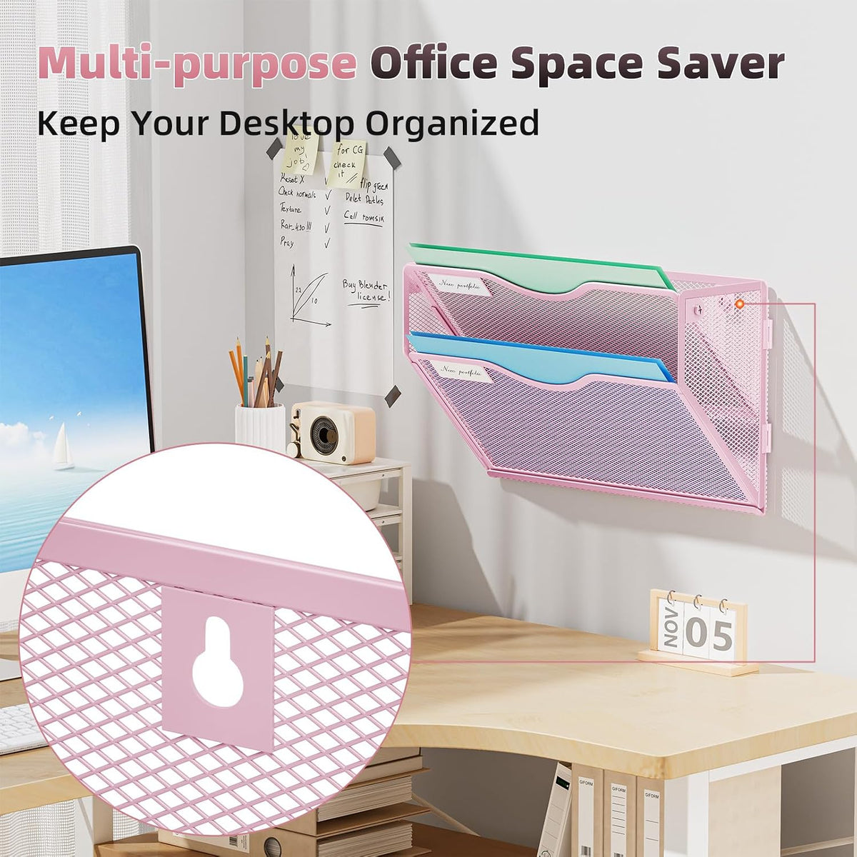 Wall File Holder 2-Tier Hanging Wall File Organizer, Mesh Mail Holder for Papers, Wall Mount File Clipboard & Magazine Organizer Great for Office Home (Black)