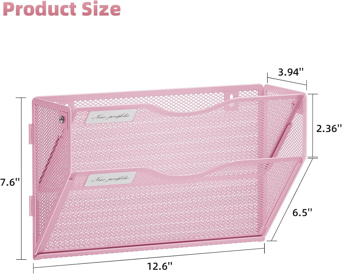 Wall File Holder 2-Tier Hanging Wall File Organizer, Mesh Mail Holder for Papers, Wall Mount File Clipboard & Magazine Organizer Great for Office Home (Black)