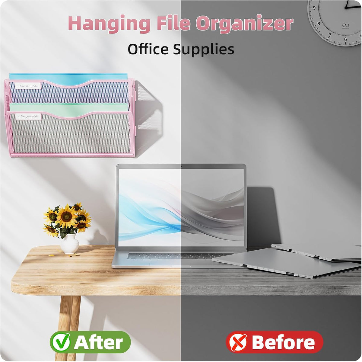 Wall File Holder 2-Tier Hanging Wall File Organizer, Mesh Mail Holder for Papers, Wall Mount File Clipboard & Magazine Organizer Great for Office Home (Black)