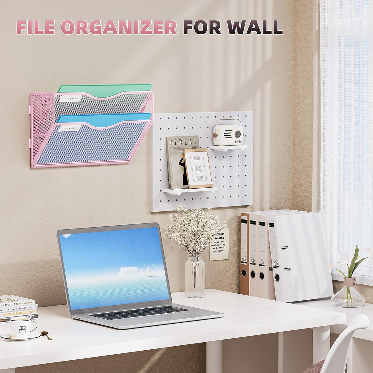 Wall File Holder 2-Tier Hanging Wall File Organizer, Mesh Mail Holder for Papers, Wall Mount File Clipboard & Magazine Organizer Great for Office Home (Black)