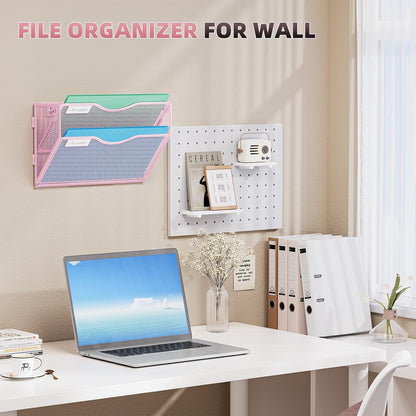 Wall File Holder 2-Tier Hanging Wall File Organizer, Mesh Mail Holder for Papers, Wall Mount File Clipboard & Magazine Organizer Great for Office Home (Black)