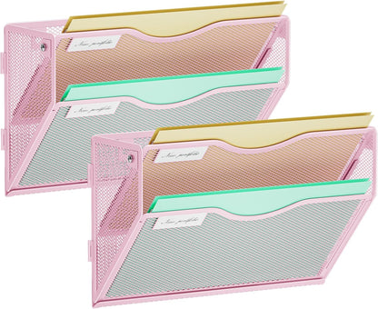 Wall File Holder 2-Tier Hanging Wall File Organizer, Mesh Mail Holder for Papers, Wall Mount File Clipboard & Magazine Organizer Great for Office Home (Black)