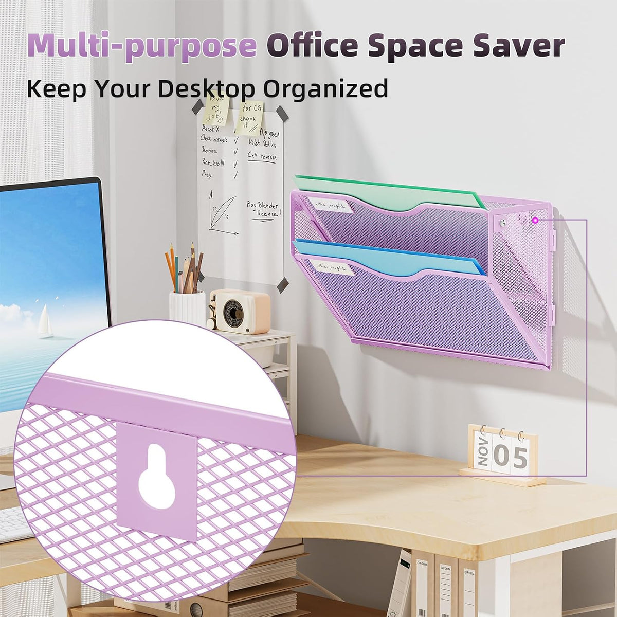 Wall File Holder 2-Tier Hanging Wall File Organizer, Mesh Mail Holder for Papers, Wall Mount File Clipboard & Magazine Organizer Great for Office Home (Black)