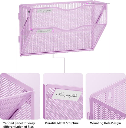 Wall File Holder 2-Tier Hanging Wall File Organizer, Mesh Mail Holder for Papers, Wall Mount File Clipboard & Magazine Organizer Great for Office Home (Black)