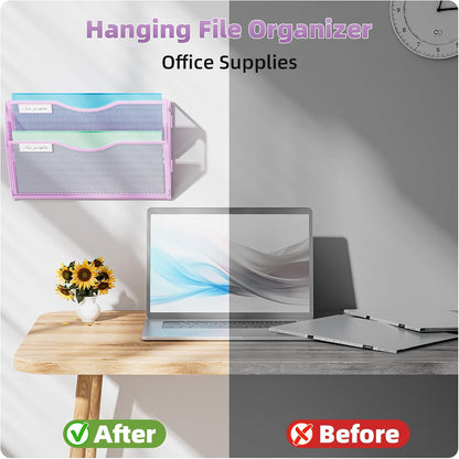 Wall File Holder 2-Tier Hanging Wall File Organizer, Mesh Mail Holder for Papers, Wall Mount File Clipboard & Magazine Organizer Great for Office Home (Black)