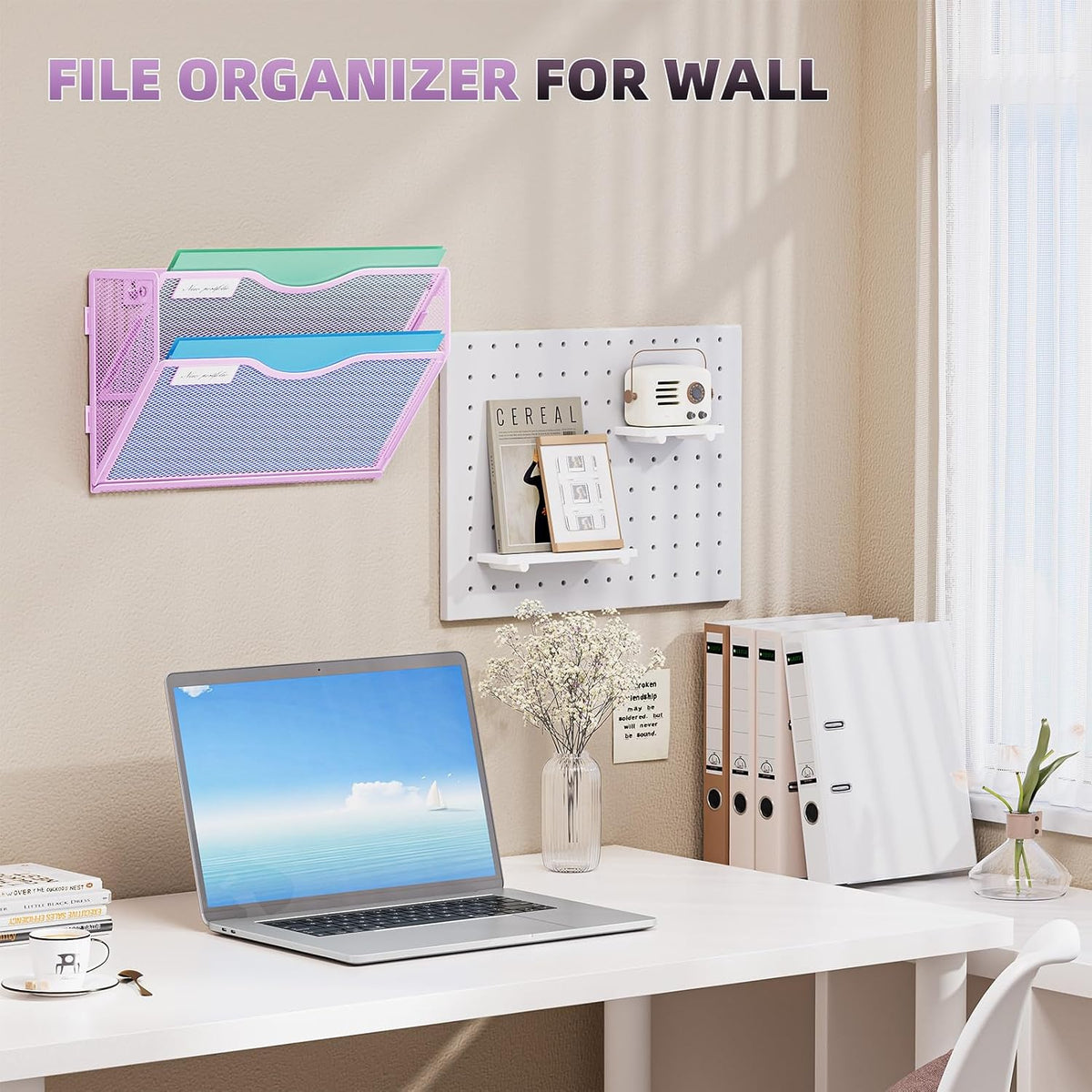 Wall File Holder 2-Tier Hanging Wall File Organizer, Mesh Mail Holder for Papers, Wall Mount File Clipboard & Magazine Organizer Great for Office Home (Black)