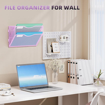 Wall File Holder 2-Tier Hanging Wall File Organizer, Mesh Mail Holder for Papers, Wall Mount File Clipboard & Magazine Organizer Great for Office Home (Black)