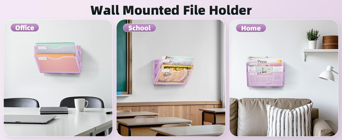 Wall File Holder 2-Tier Hanging Wall File Organizer, Mesh Mail Holder for Papers, Wall Mount File Clipboard & Magazine Organizer Great for Office Home (Black)