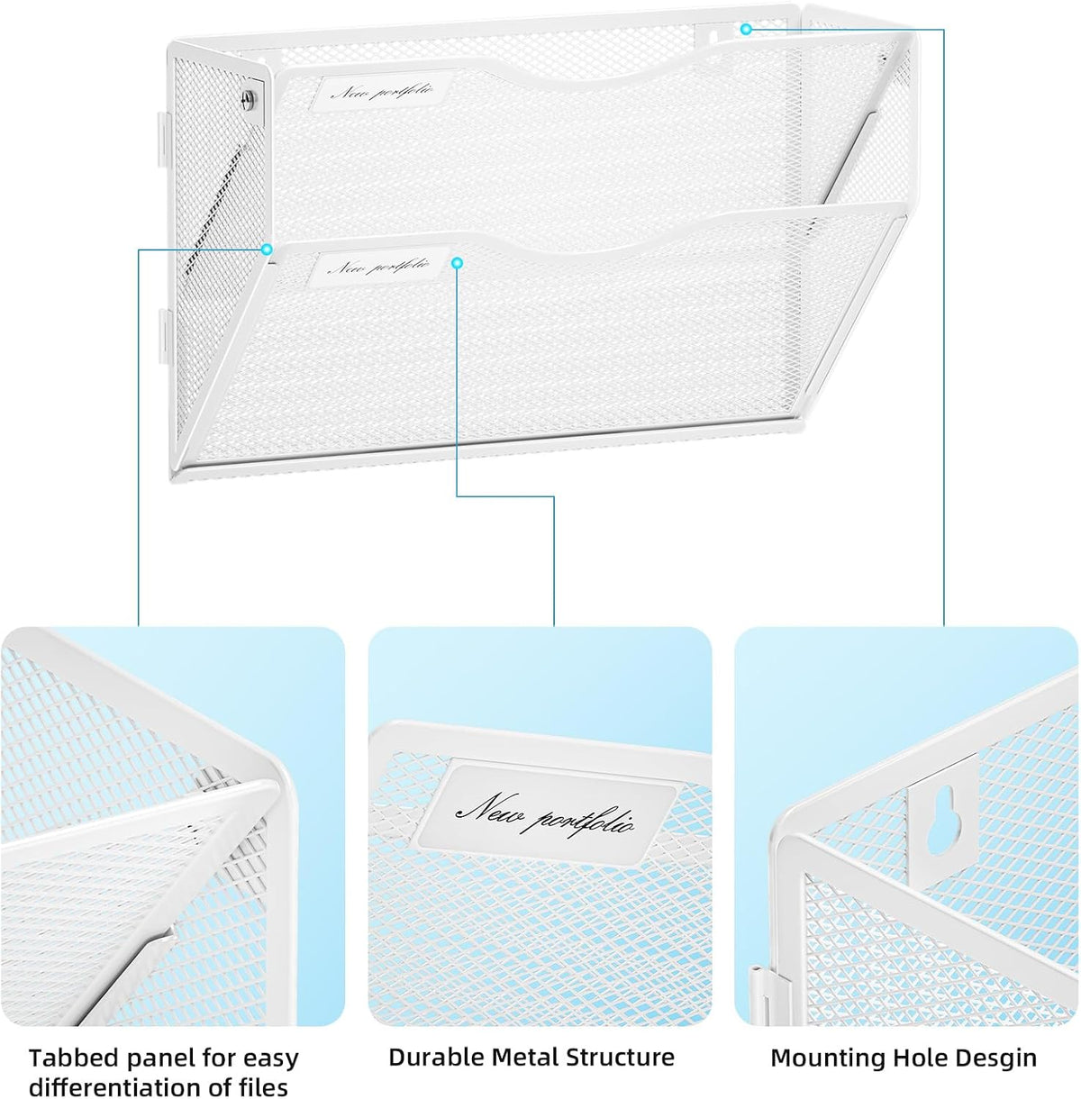 Wall File Holder 2-Tier Hanging Wall File Organizer, Mesh Mail Holder for Papers, Wall Mount File Clipboard & Magazine Organizer Great for Office Home (Black)