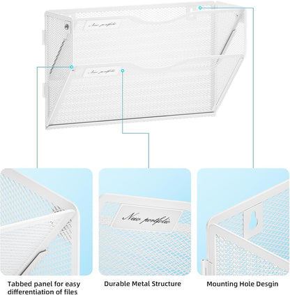 Wall File Holder 2-Tier Hanging Wall File Organizer, Mesh Mail Holder for Papers, Wall Mount File Clipboard & Magazine Organizer Great for Office Home (Black)