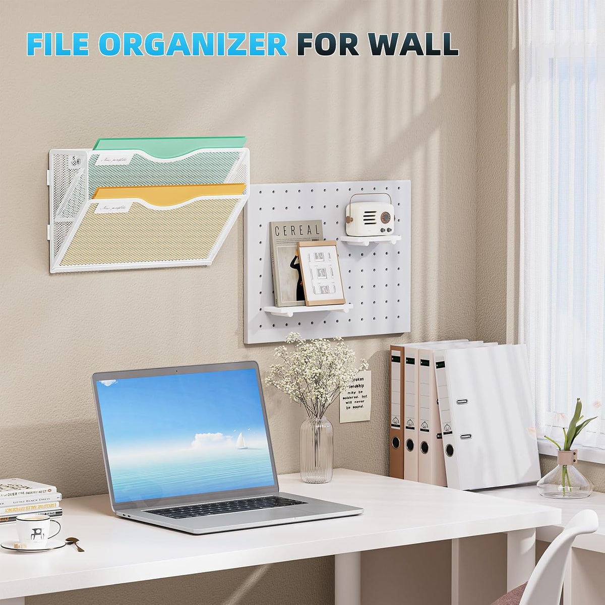 Wall File Holder 2-Tier Hanging Wall File Organizer, Mesh Mail Holder for Papers, Wall Mount File Clipboard & Magazine Organizer Great for Office Home (Black)