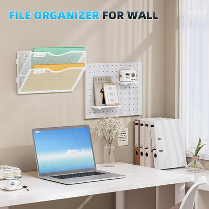 Wall File Holder 2-Tier Hanging Wall File Organizer, Mesh Mail Holder for Papers, Wall Mount File Clipboard & Magazine Organizer Great for Office Home (Black)