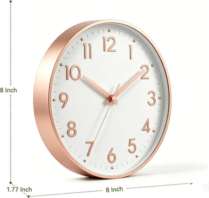 Small 8 Inch Modern Wall Clock Battery Operated Silent Non Ticking Analog