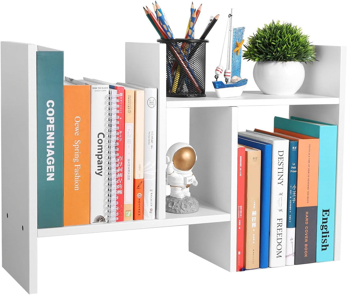 Desktop Shelf Organizer - Adjustable Wood Desktop Bookshelf, Table Top Shelves, Desk Book Organizer for Office Supplies and Home Décor (White)