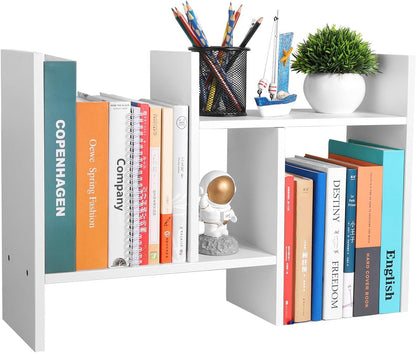 Desktop Shelf Organizer - Adjustable Wood Desktop Bookshelf, Table Top Shelves, Desk Book Organizer for Office Supplies and Home Décor (White)