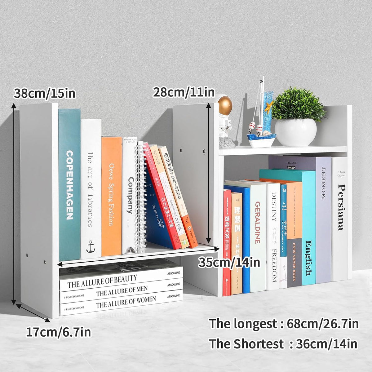 Desktop Shelf Organizer - Adjustable Wood Desktop Bookshelf, Table Top Shelves, Desk Book Organizer for Office Supplies and Home Décor (White)