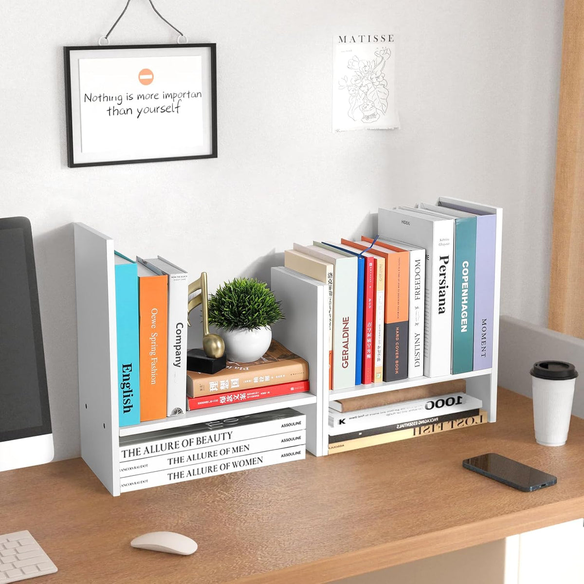 Desktop Shelf Organizer - Adjustable Wood Desktop Bookshelf, Table Top Shelves, Desk Book Organizer for Office Supplies and Home Décor (White)