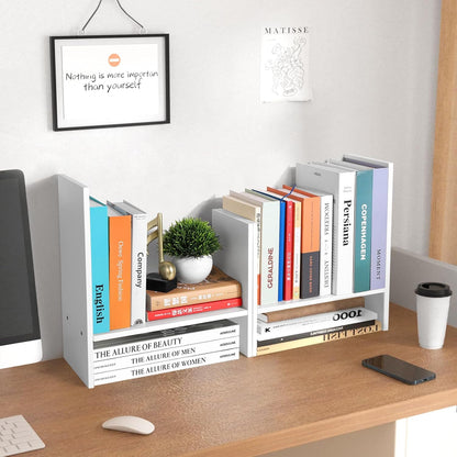 Desktop Shelf Organizer - Adjustable Wood Desktop Bookshelf, Table Top Shelves, Desk Book Organizer for Office Supplies and Home Décor (White)