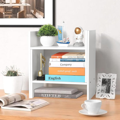 Desktop Shelf Organizer - Adjustable Wood Desktop Bookshelf, Table Top Shelves, Desk Book Organizer for Office Supplies and Home Décor (White)