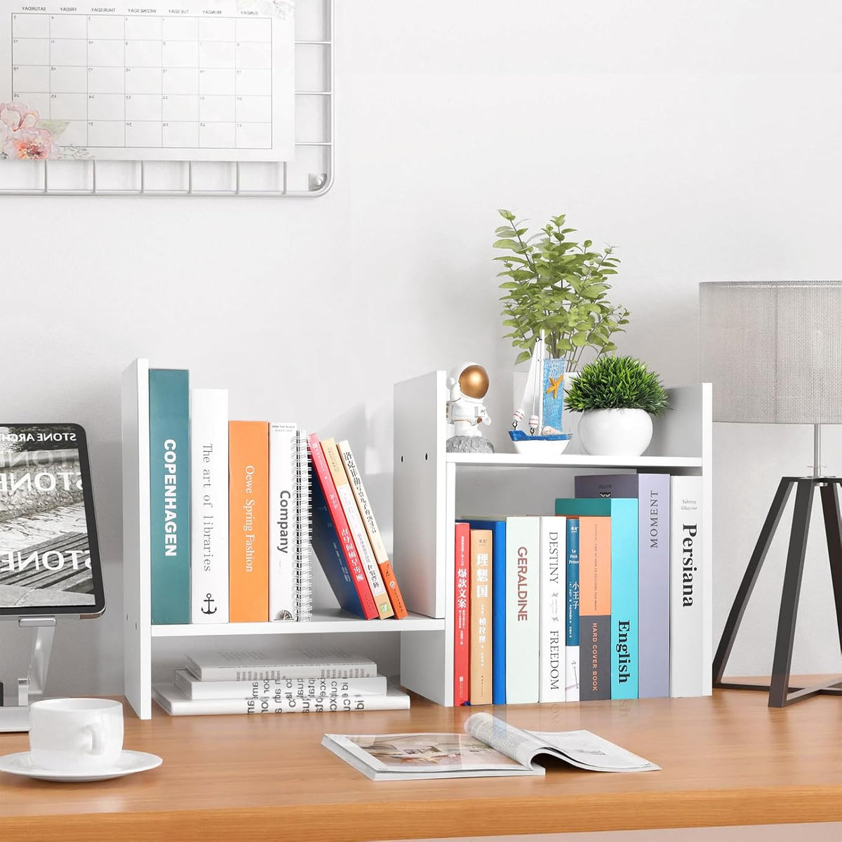Desktop Shelf Organizer - Adjustable Wood Desktop Bookshelf, Table Top Shelves, Desk Book Organizer for Office Supplies and Home Décor (White)