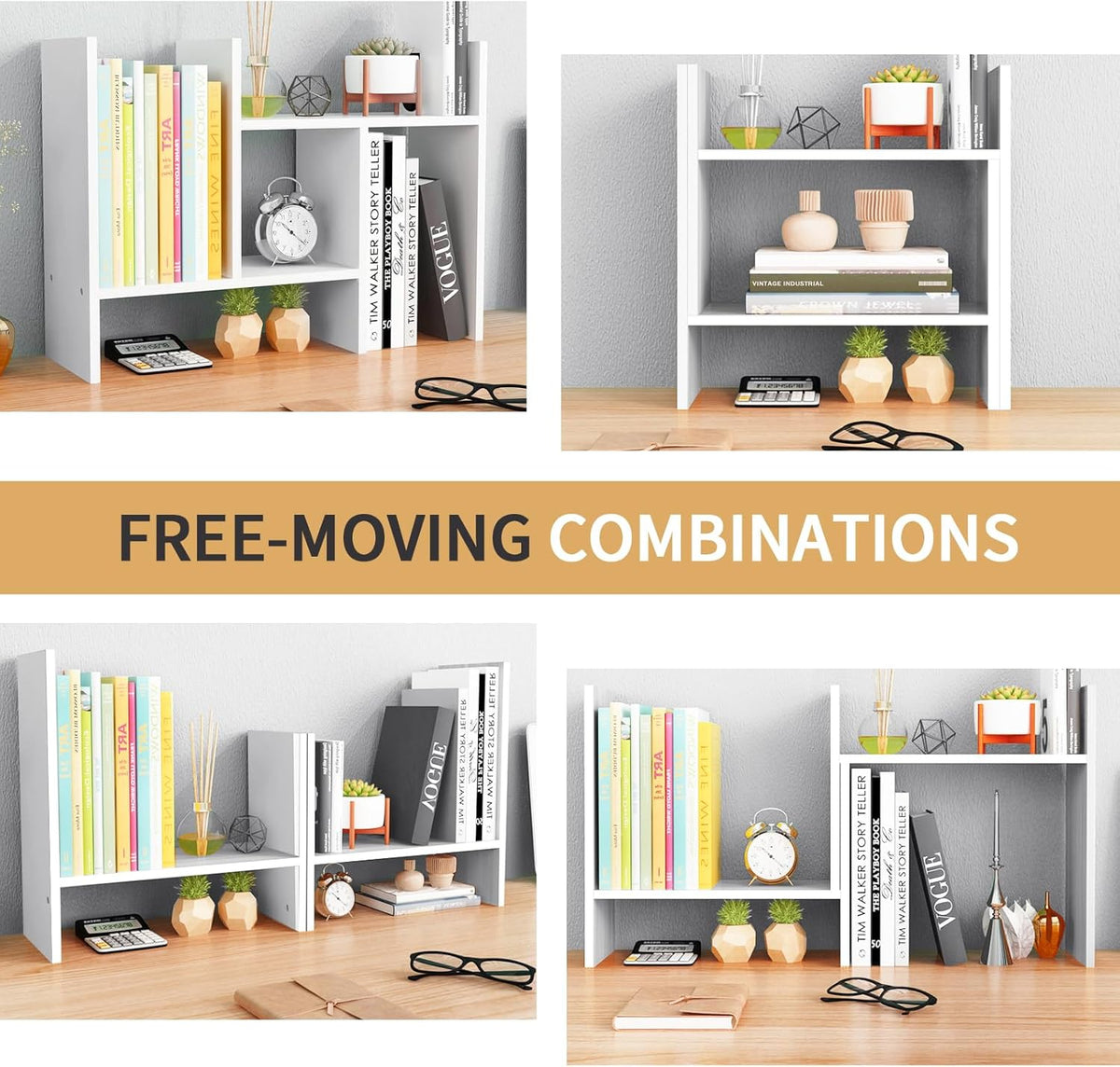 Desktop Shelf Organizer - Adjustable Wood Desktop Bookshelf, Table Top Shelves, Desk Book Organizer for Office Supplies and Home Décor (White)