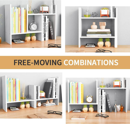 Desktop Shelf Organizer - Adjustable Wood Desktop Bookshelf, Table Top Shelves, Desk Book Organizer for Office Supplies and Home Décor (White)