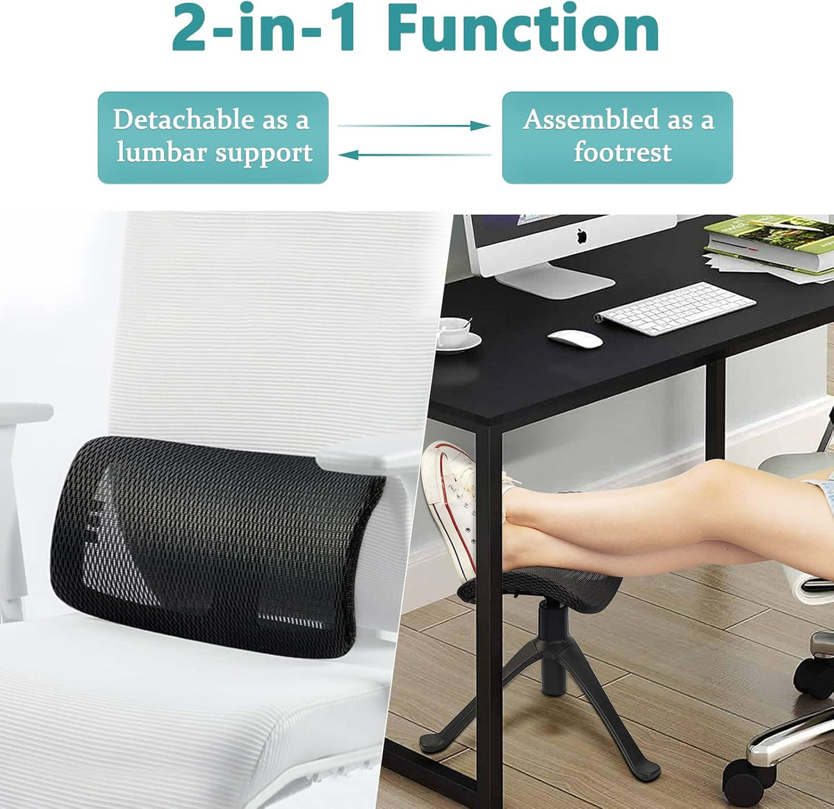 Footrest for Desk Adjustable Height 2-in-1 Function, Black