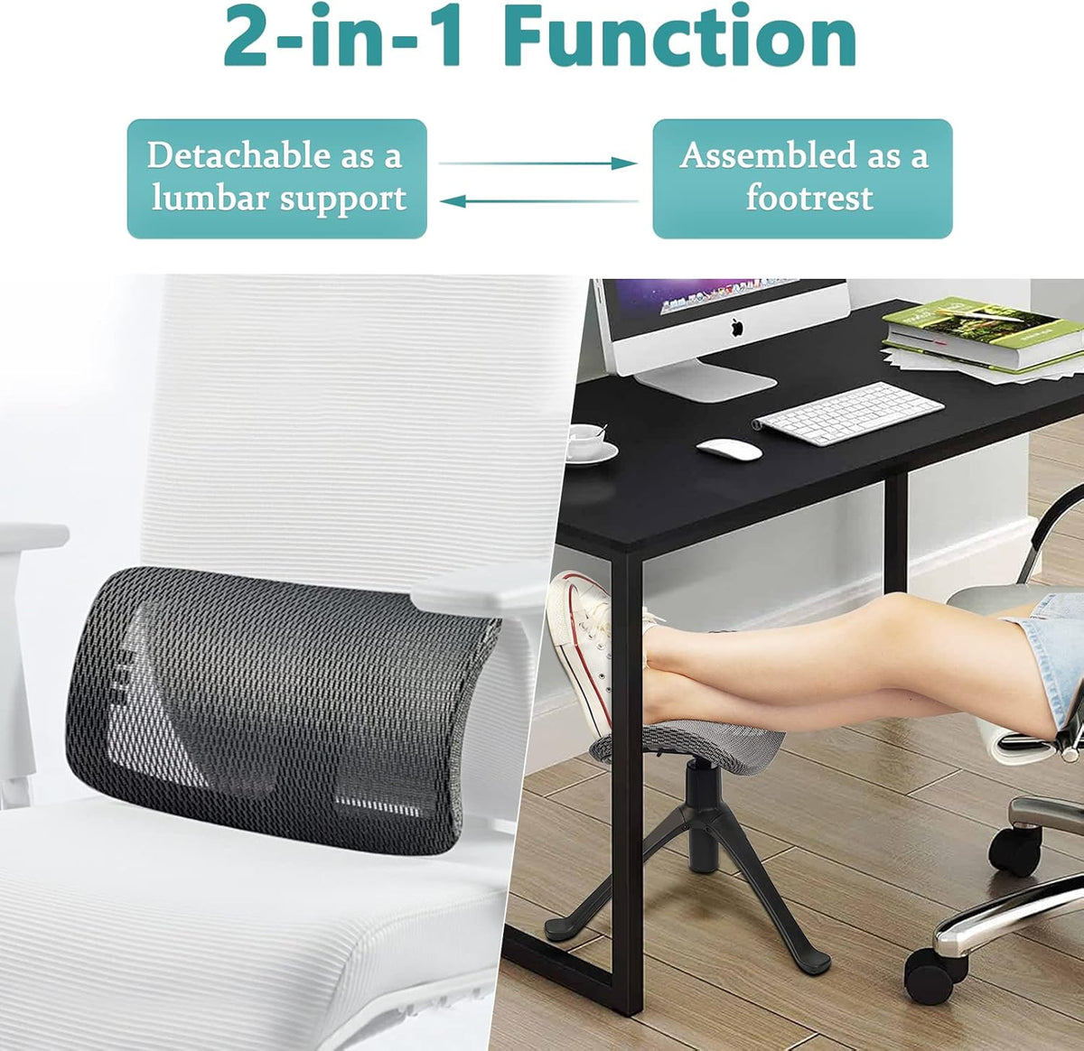 Footrest for Desk Adjustable Height 2-in-1 Function, Black
