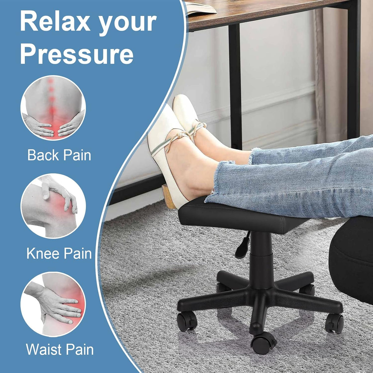 Footrest for Desk Adjustable Height 2-in-1 Function, Black