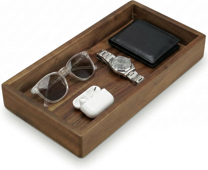 Valet Tray & Catchall, Dark Brown Acacia Wood Organizer, 12.2 x 6 in