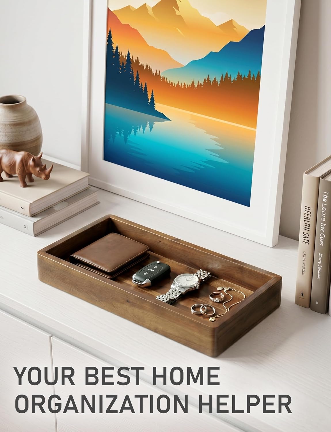 Valet Tray & Catchall, Dark Brown Acacia Wood Organizer, 12.2 x 6 in