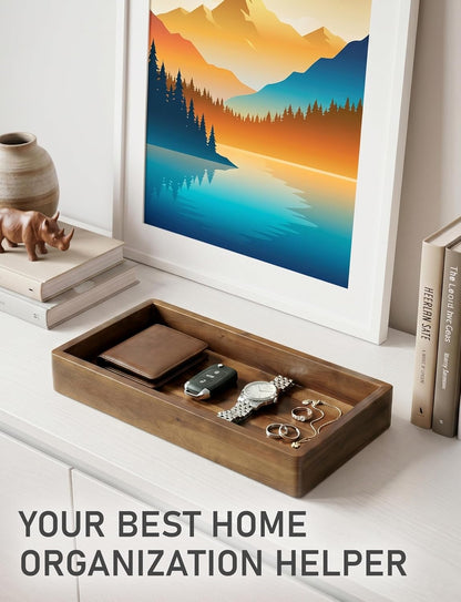 Valet Tray & Catchall, Dark Brown Acacia Wood Organizer, 12.2 x 6 in