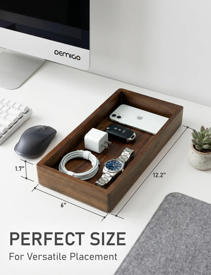 Valet Tray & Catchall, Dark Brown Acacia Wood Organizer, 12.2 x 6 in