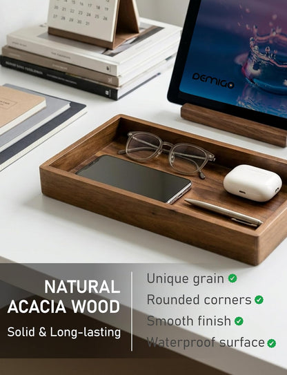 Valet Tray & Catchall, Dark Brown Acacia Wood Organizer, 12.2 x 6 in