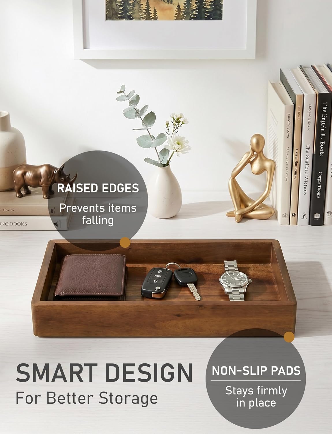 Valet Tray & Catchall, Dark Brown Acacia Wood Organizer, 12.2 x 6 in