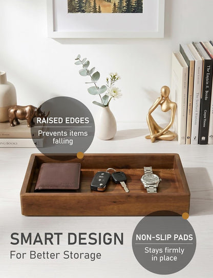 Valet Tray & Catchall, Dark Brown Acacia Wood Organizer, 12.2 x 6 in