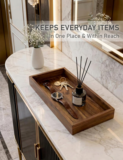 Valet Tray & Catchall, Dark Brown Acacia Wood Organizer, 12.2 x 6 in