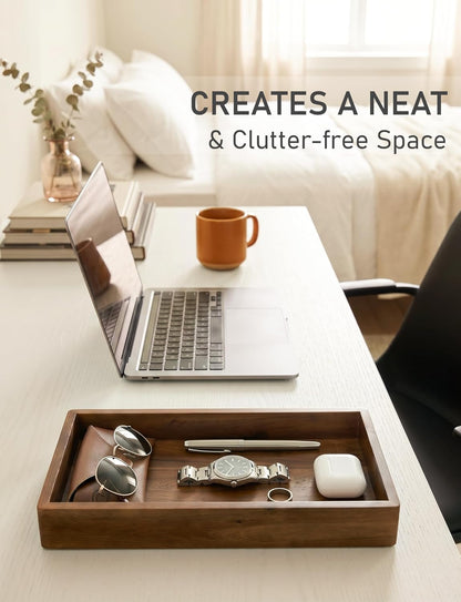 Valet Tray & Catchall, Dark Brown Acacia Wood Organizer, 12.2 x 6 in