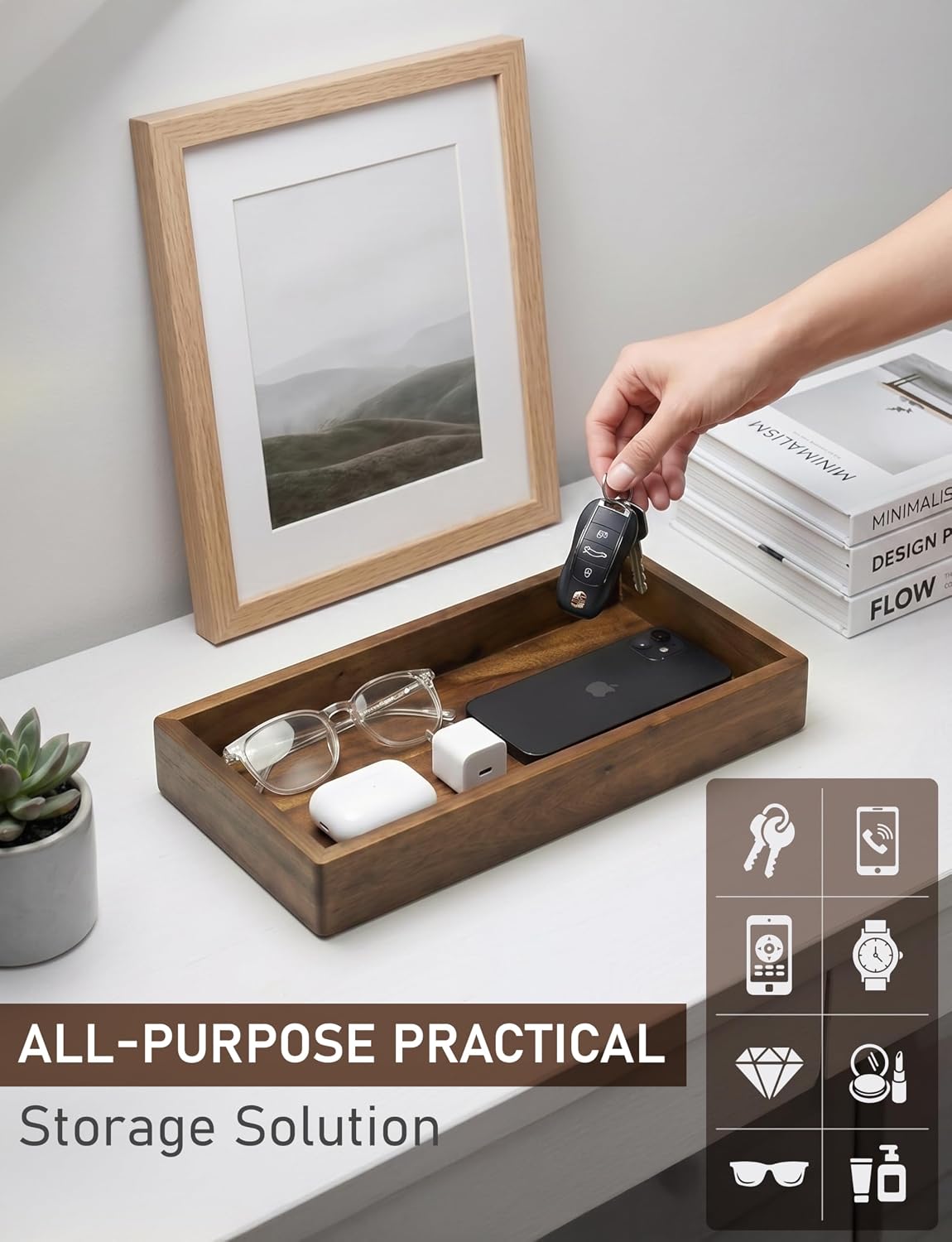 Valet Tray & Catchall, Dark Brown Acacia Wood Organizer, 12.2 x 6 in